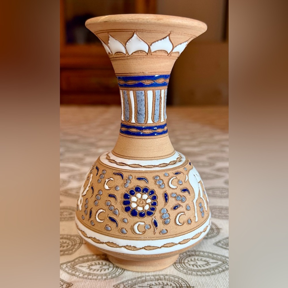 Handcarved Greek Art Revival Vase, Made in Rhodes by Artist Dakas, 6”H x 4”W